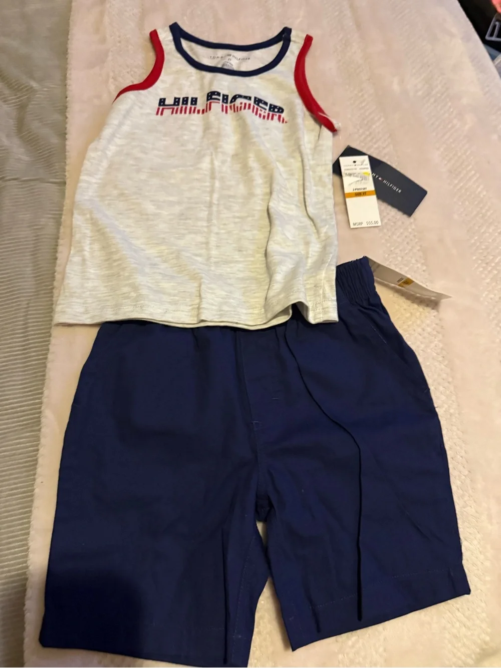 Tommy Hilfiger Navy Shorts with Cream Tank (Red & Blue Trim)